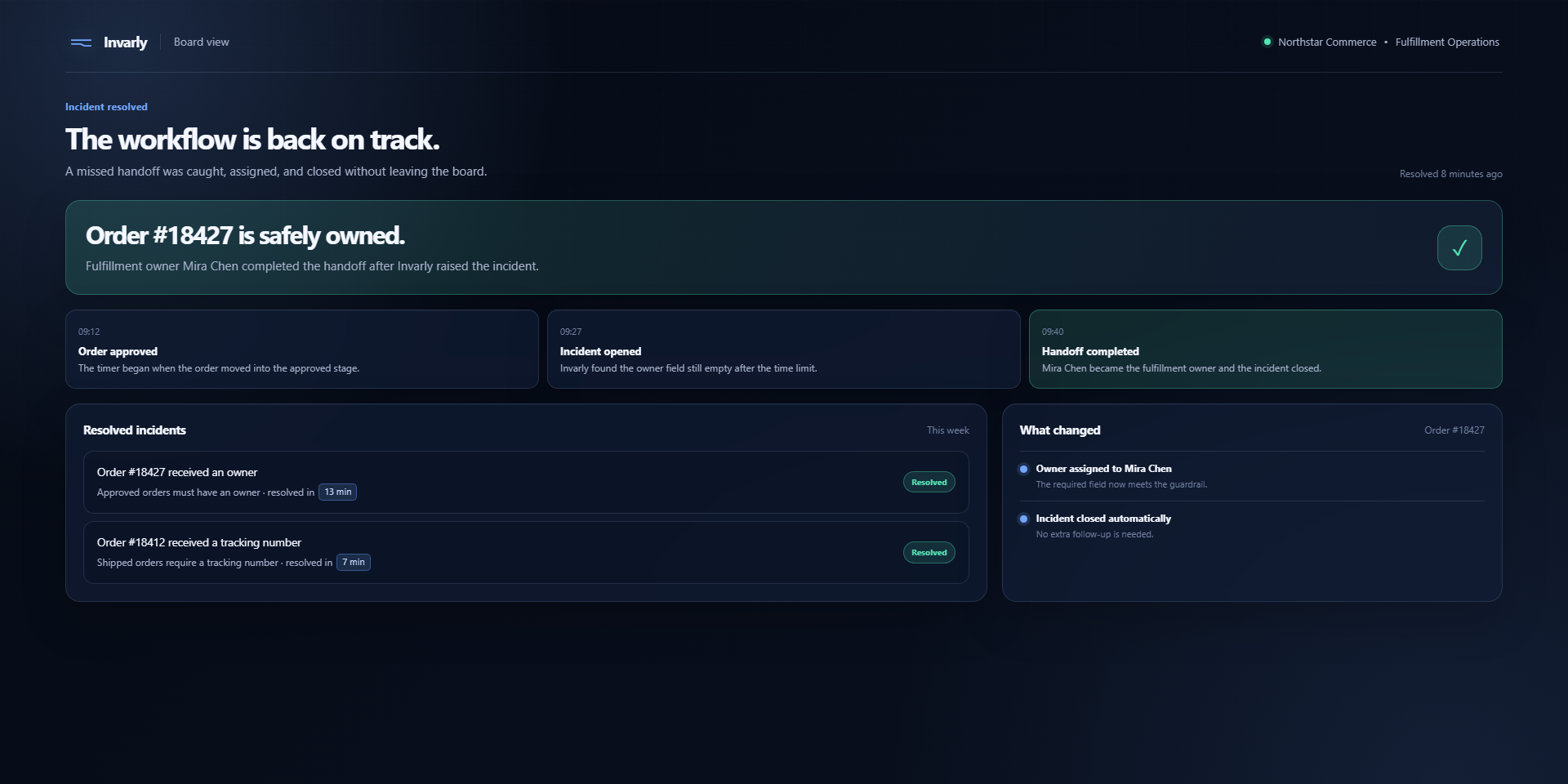 Invarly incident resolution view showing an order that received its fulfillment owner and returned to compliance.